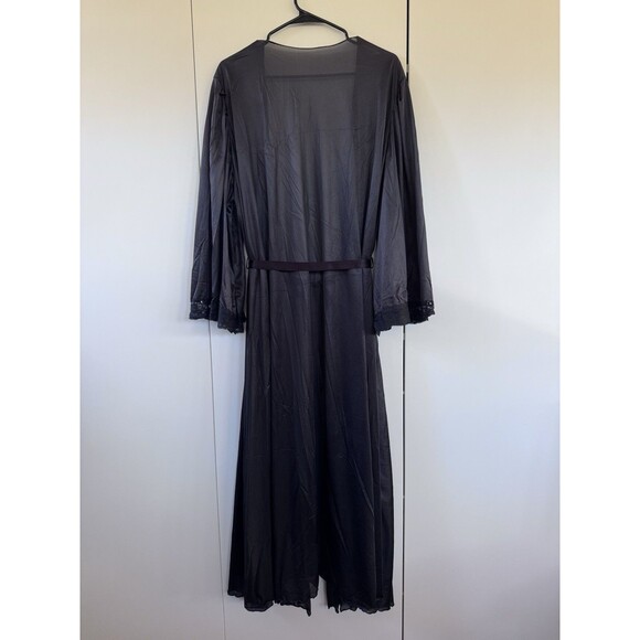 Vintage XL Gothic Black Sheer Silky Nylon Dressing Robe Lace Trim Kimono Sleeves - Picture 8 of 10